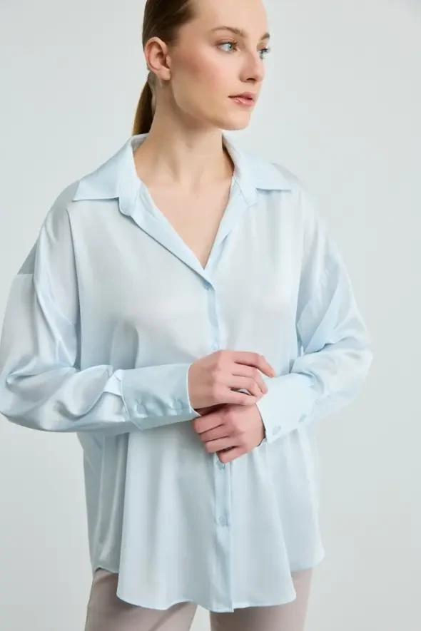 Relaxed Cut Silky Satin Shirt - Blue - Gusto
