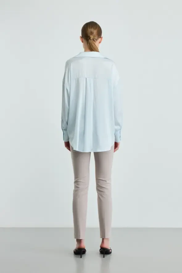 Relaxed Cut Silky Satin Shirt - Blue - Gusto