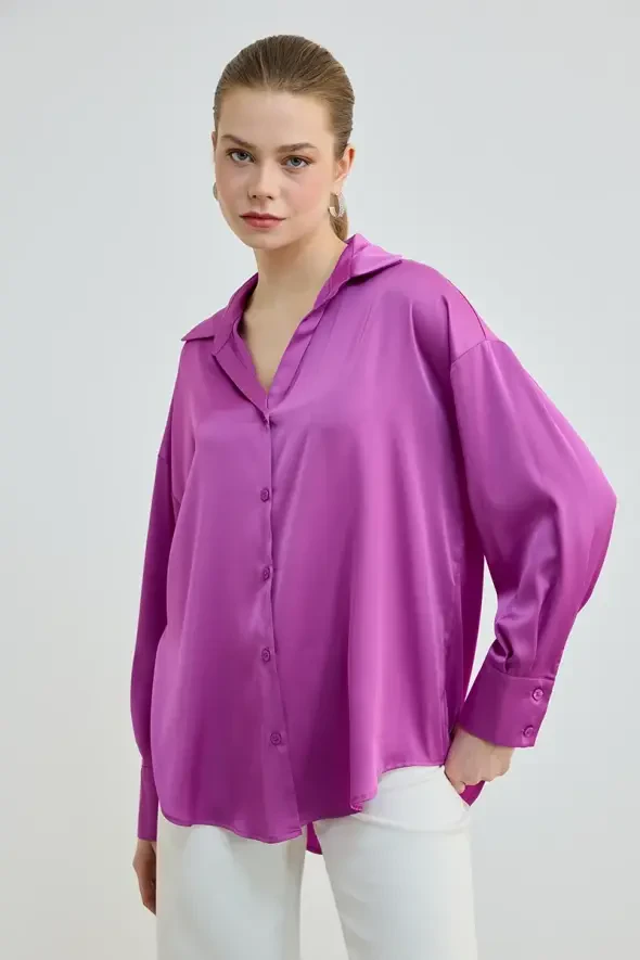 Relaxed Cut Silky Satin Shirt - Fuchsia - 1
