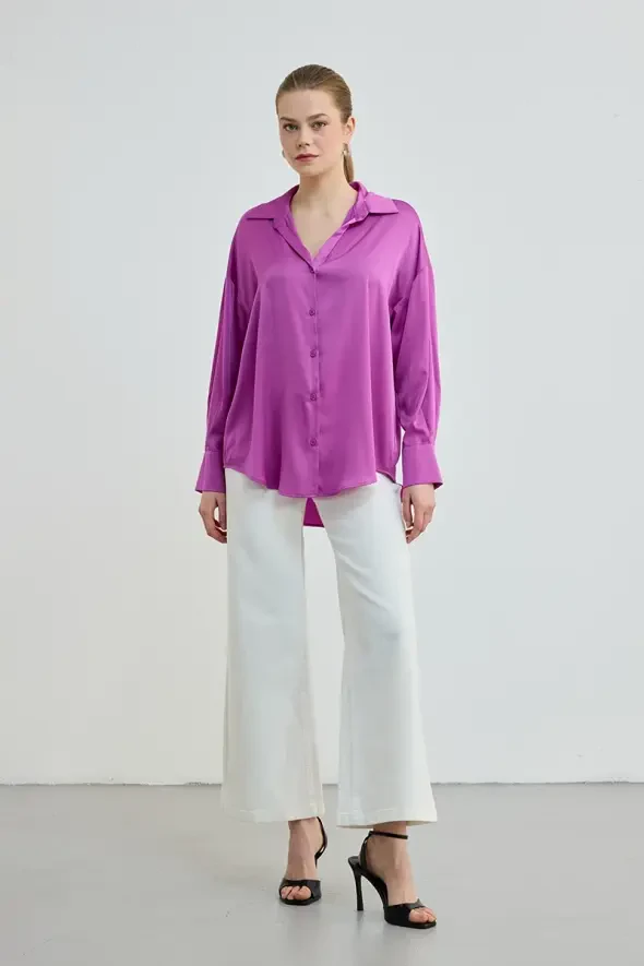 Relaxed Cut Silky Satin Shirt - Fuchsia - 2
