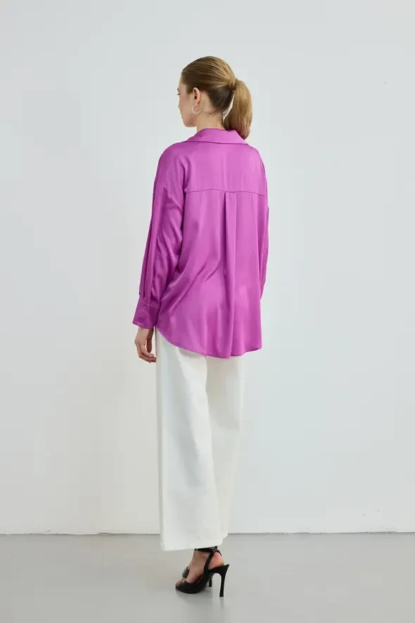 Relaxed Cut Silky Satin Shirt - Fuchsia - Gusto