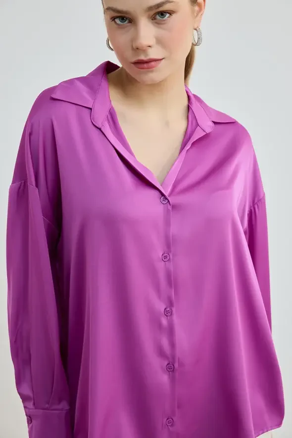 Relaxed Cut Silky Satin Shirt - Fuchsia - Gusto