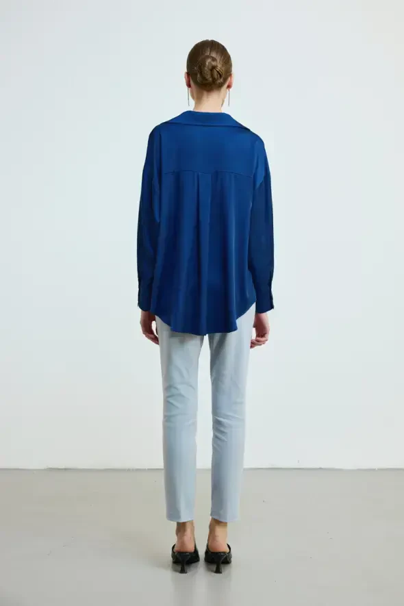 Relaxed Cut Silky Satin Shirt - Navy - 4