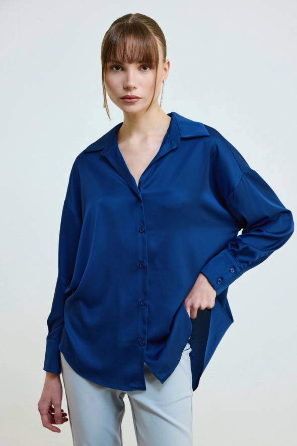 Relaxed Cut Silky Satin Shirt - Navy - Gusto