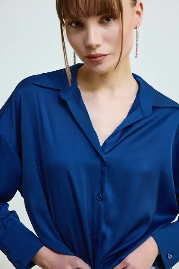 Relaxed Cut Silky Satin Shirt - Navy - 2