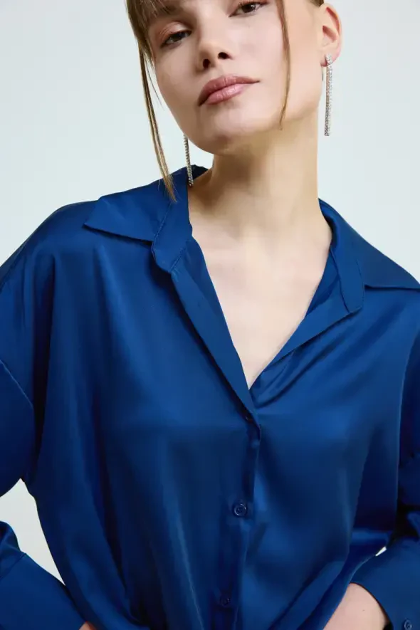 Relaxed Cut Silky Satin Shirt - Navy - 3