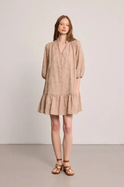Relaxed Fit Broderie Dress - Beige Beige