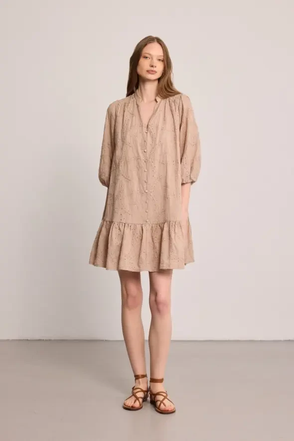 Relaxed Fit Broderie Dress - Beige - 1