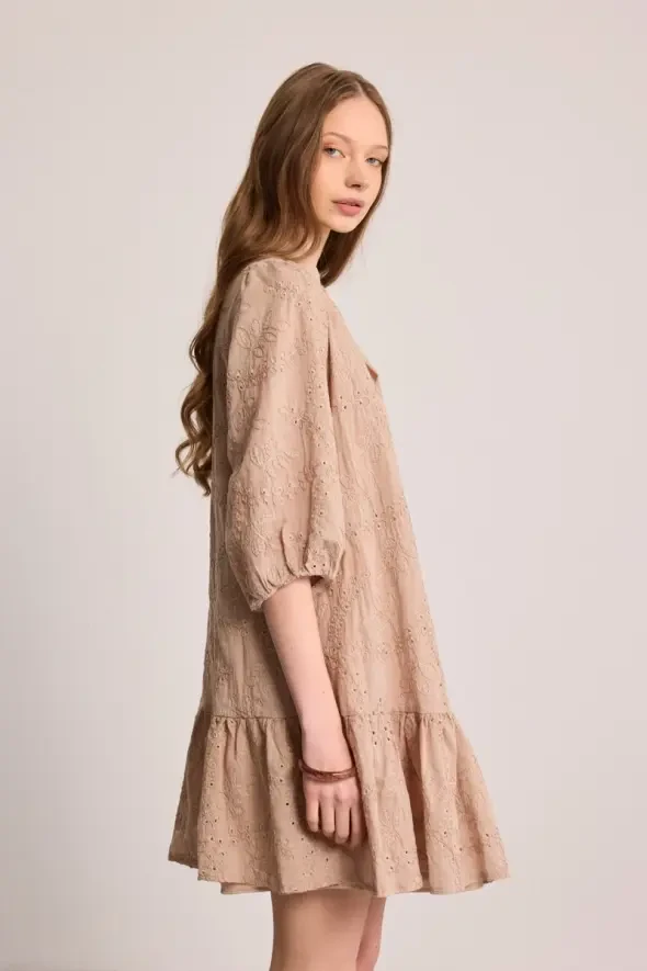 Relaxed Fit Broderie Dress - Beige - 4