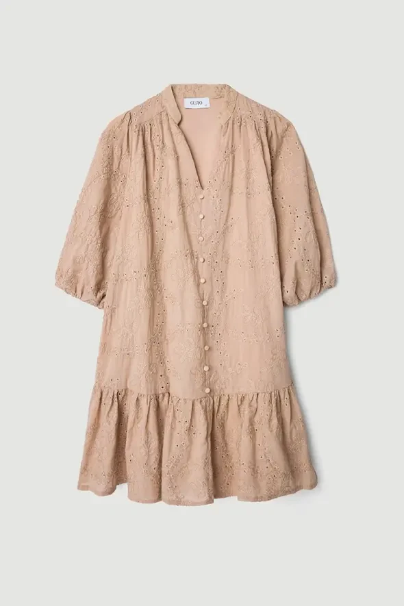 Relaxed Fit Broderie Dress - Beige - 6
