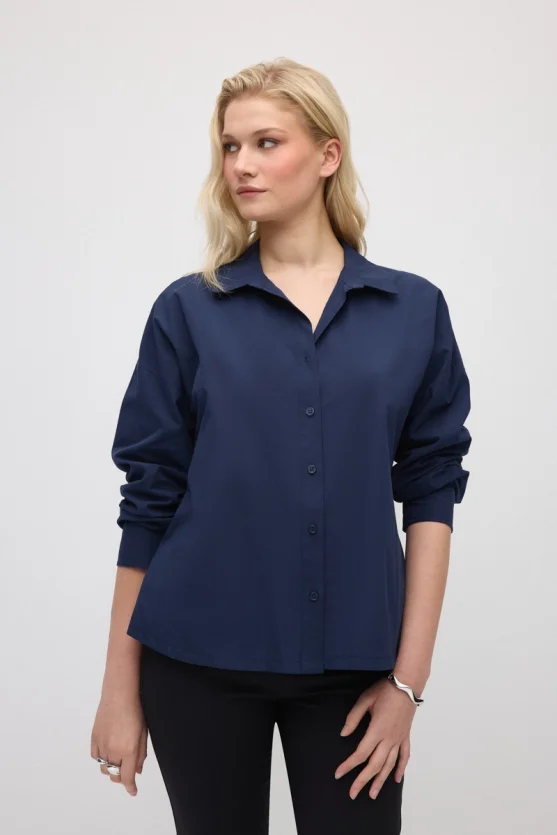 Relaxed Fit Cotton Shirt - Navy Blue - 1