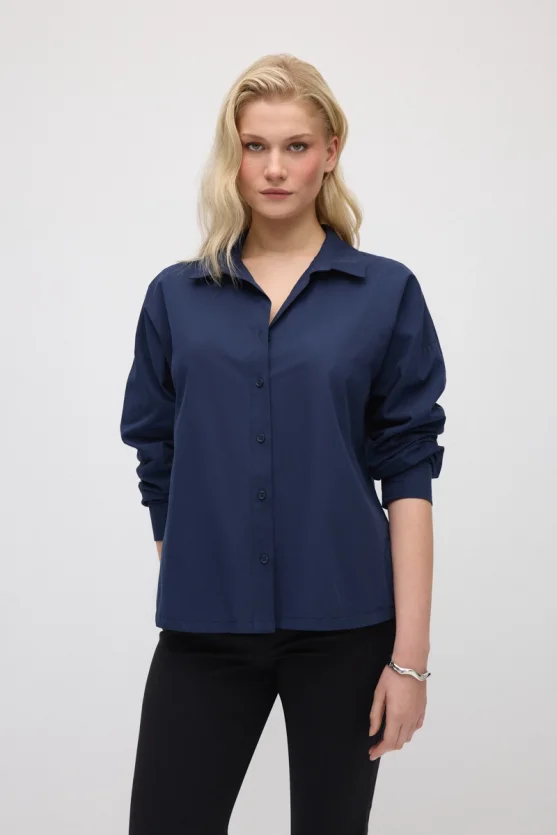 Relaxed Fit Cotton Shirt - Navy Blue - 3