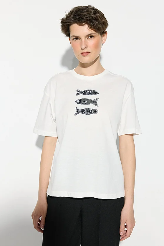 Relaxed Fit Cotton T-Shirt with Denim Appliqué - White - 4
