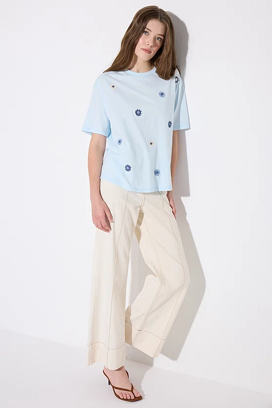 Relaxed Fit Cotton T-Shirt with Floral Embroidery - Blue - 3