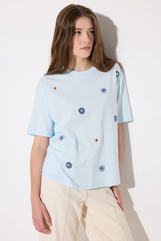 Relaxed Fit Cotton T-Shirt with Floral Embroidery - Blue - 5