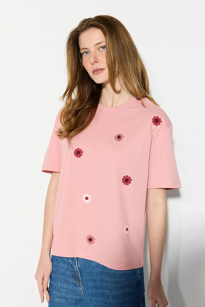 Relaxed Fit Cotton T-Shirt with Floral Embroidery - Pink