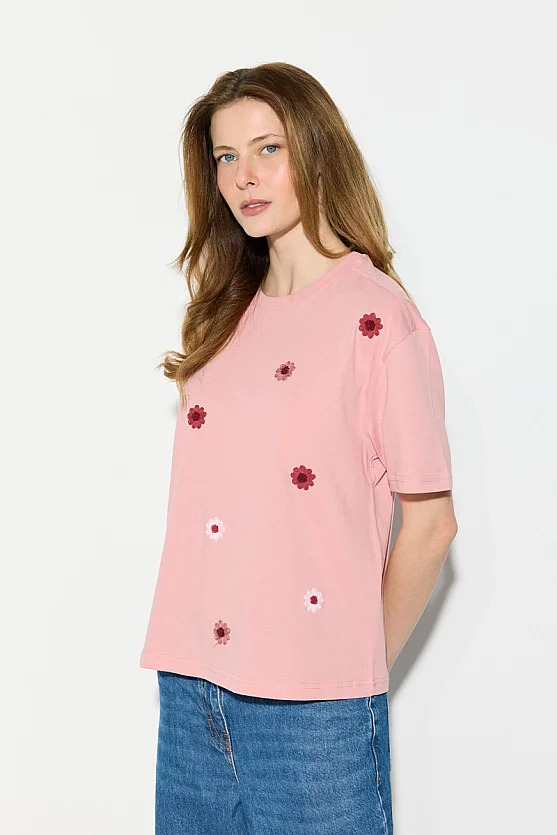 Relaxed Fit Cotton T-Shirt with Floral Embroidery - Pink - Gusto