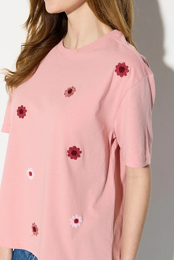 Relaxed Fit Cotton T-Shirt with Floral Embroidery - Pink - Gusto