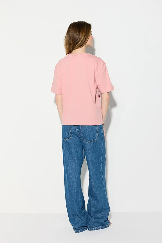 Relaxed Fit Cotton T-Shirt with Floral Embroidery - Pink - Gusto