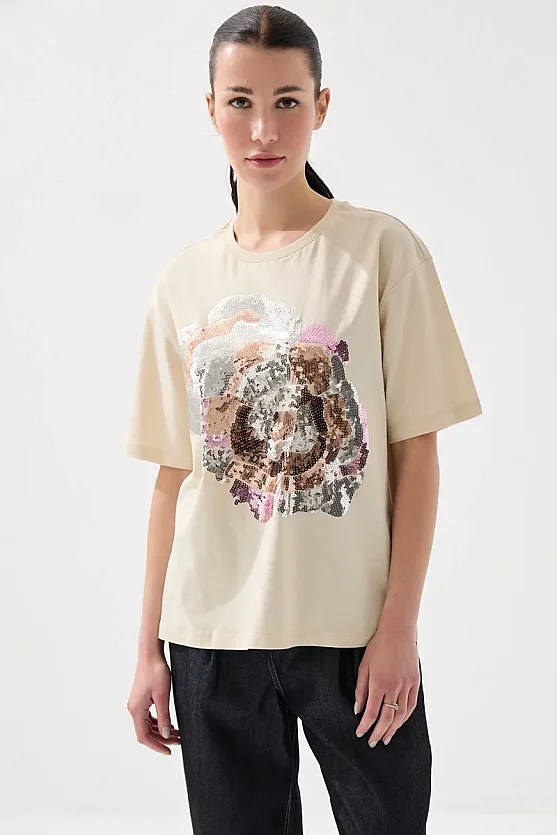 Relaxed Fit Cotton T-Shirt with Sequins - Beige - 1