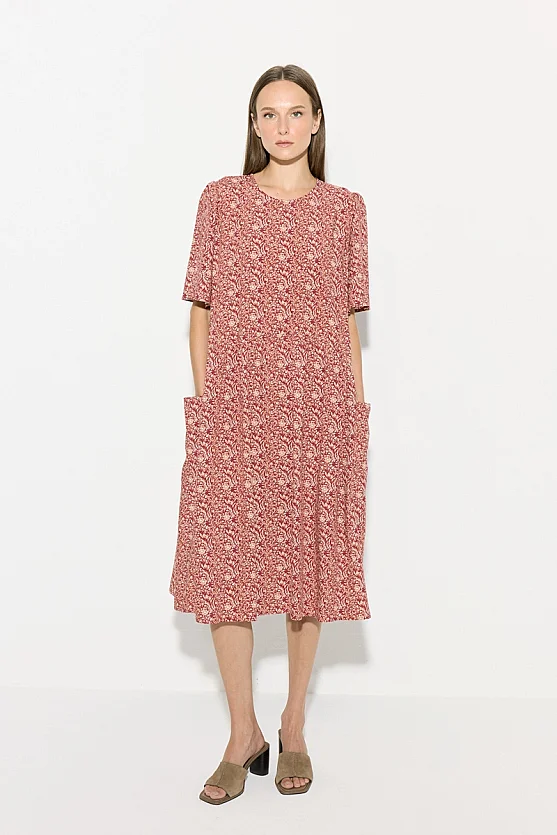 Relaxed Fit Crinkle Print Viscose Dress - Brick - Gusto