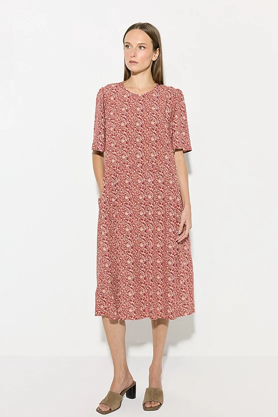 Relaxed Fit Crinkle Print Viscose Dress - Brick - Gusto