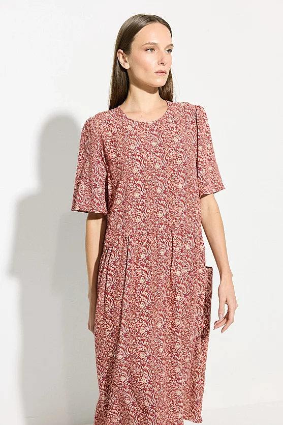 Relaxed Fit Crinkle Print Viscose Dress - Brick - Gusto