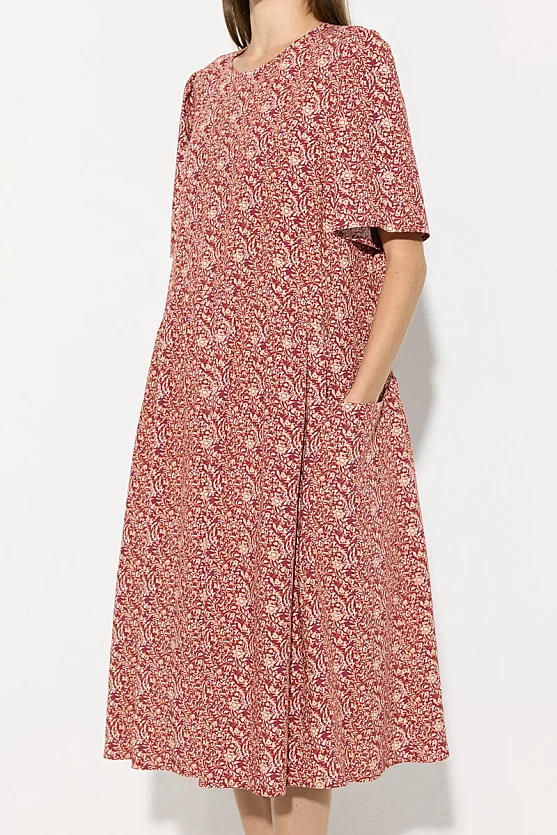 Relaxed Fit Crinkle Print Viscose Dress - Brick - Gusto