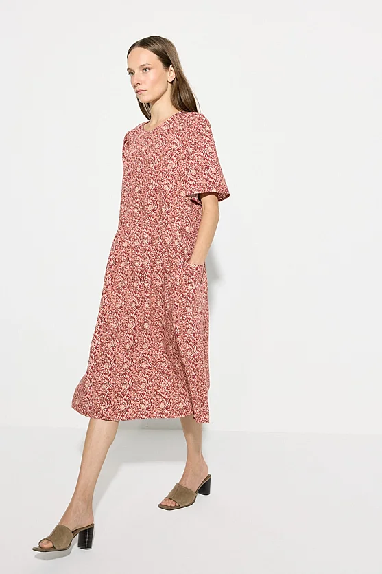 Relaxed Fit Crinkle Print Viscose Dress - Brick - Gusto