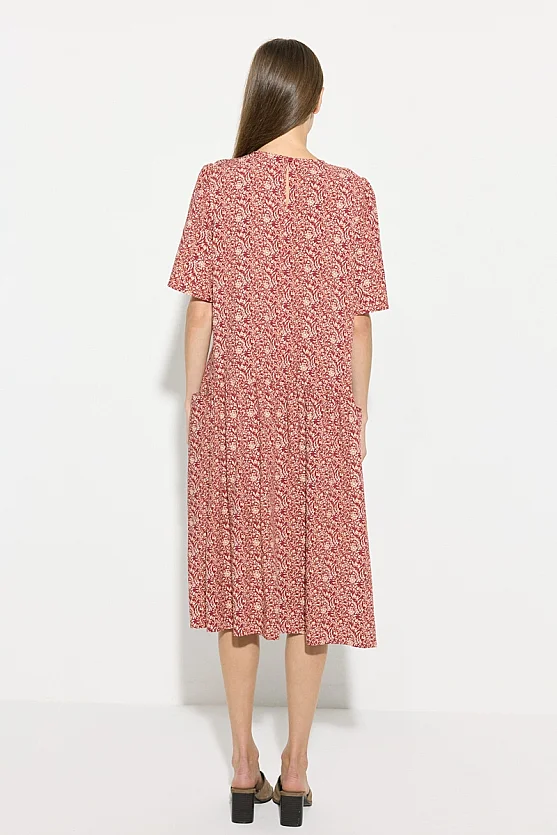 Relaxed Fit Crinkle Print Viscose Dress - Brick - Gusto