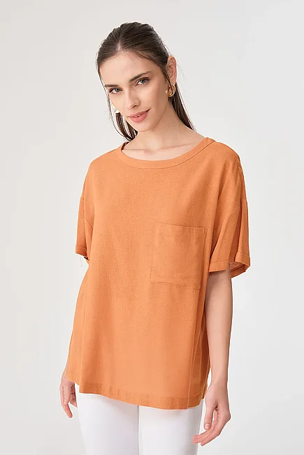 Relaxed Fit Drop Shoulder Linen Blouse - Orange - 1