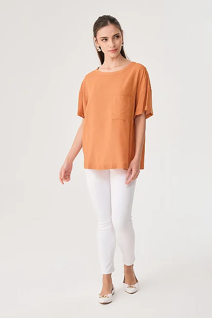 Relaxed Fit Drop Shoulder Linen Blouse - Orange - 2