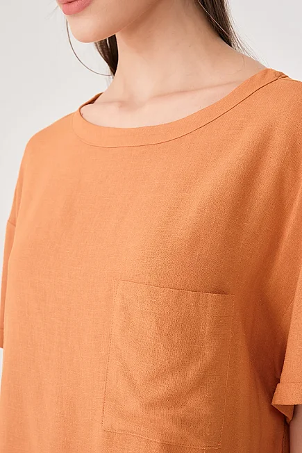 Relaxed Fit Drop Shoulder Linen Blouse - Orange - 3