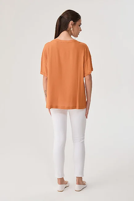 Relaxed Fit Drop Shoulder Linen Blouse - Orange - 4