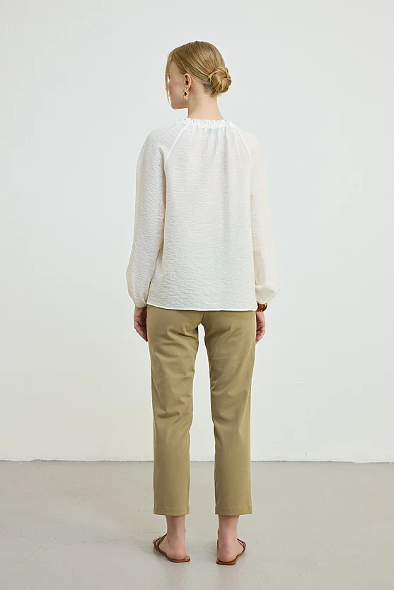 Relaxed Fit Elastic Neck Viscose Blouse - Ecru - 3