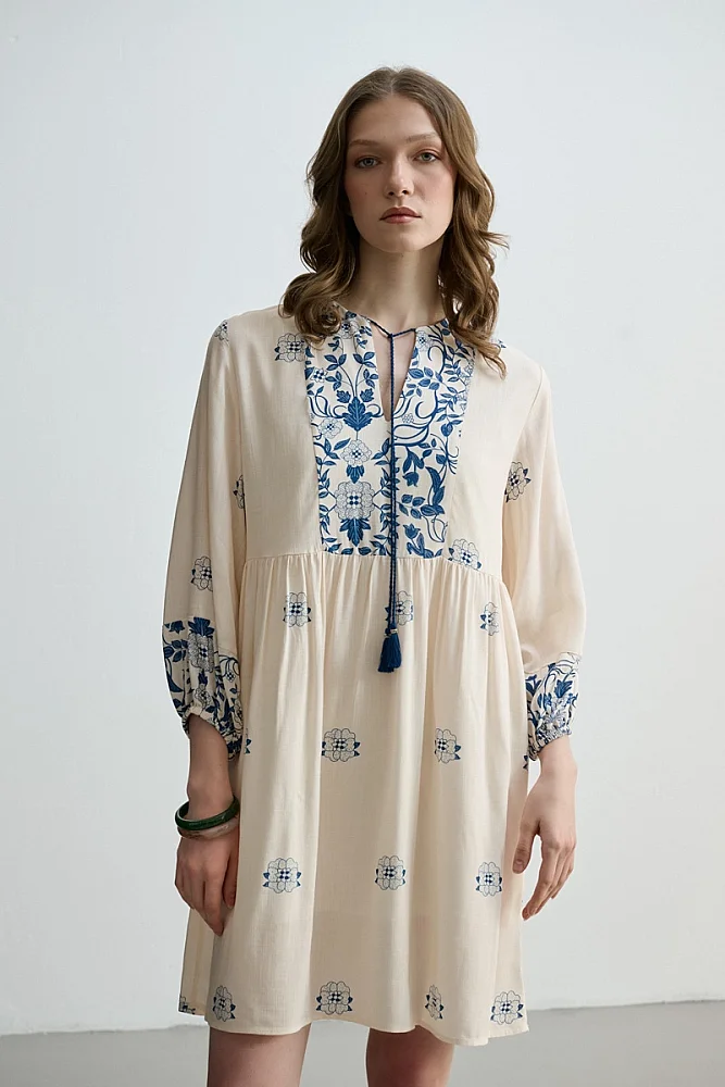 Relaxed Fit Floral Print Viscose Dress - Blue Blue