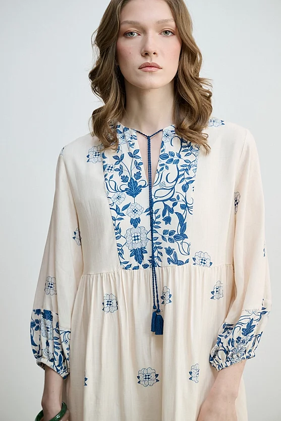 Relaxed Fit Floral Print Viscose Dress - Blue - 3