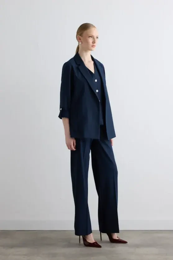 Relaxed Fit Glitter Striped Jacket - Navy - Gusto