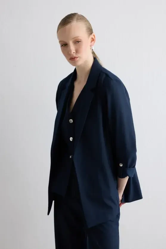 Relaxed Fit Glitter Striped Jacket - Navy - Gusto