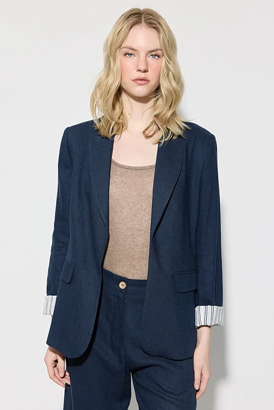 Relaxed Fit Linen Jacket with Rolled-Up Sleeves - Navy Blue - Gusto