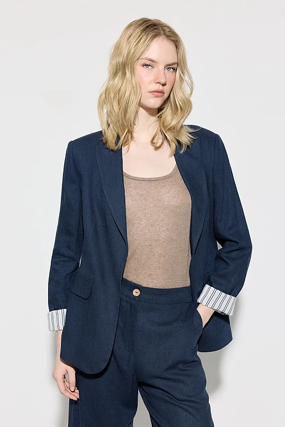 Relaxed Fit Linen Jacket with Rolled-Up Sleeves - Navy Blue - Gusto