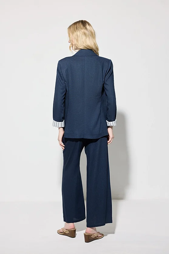 Relaxed Fit Linen Jacket with Rolled-Up Sleeves - Navy Blue - Gusto