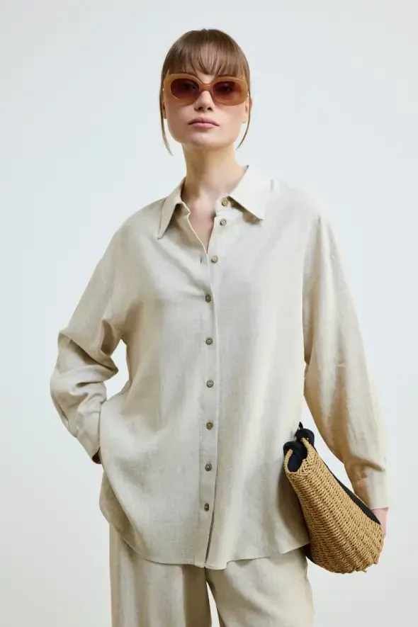 Relaxed Fit Linen Shirt - Beige - 1