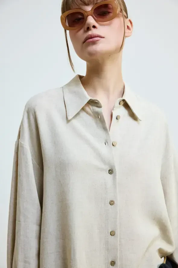 Relaxed Fit Linen Shirt - Beige - 4