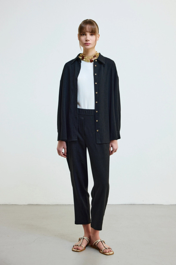 Relaxed Fit Linen Shirt - Black - 2
