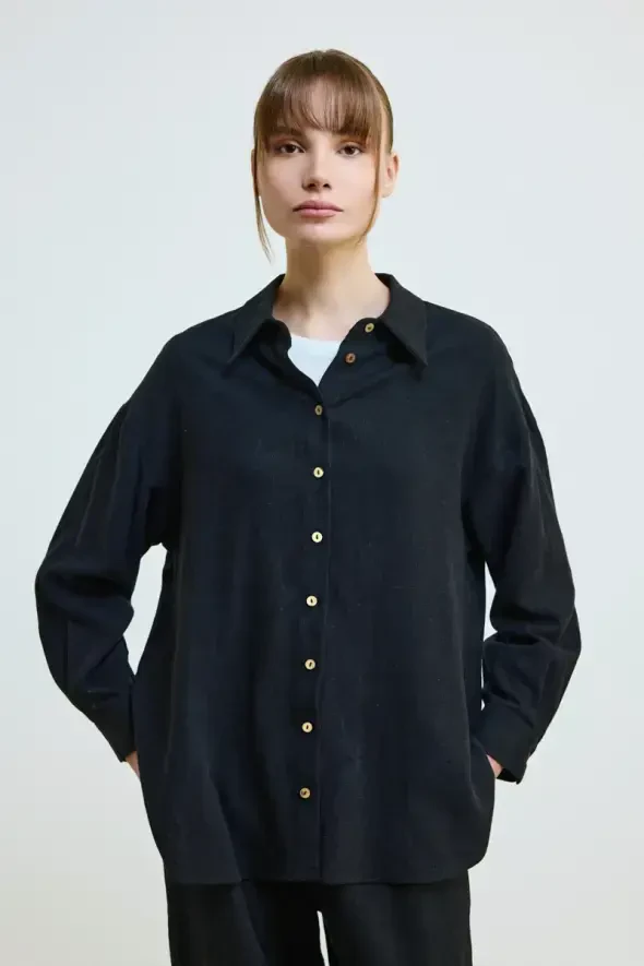 Relaxed Fit Linen Shirt - Black - 1