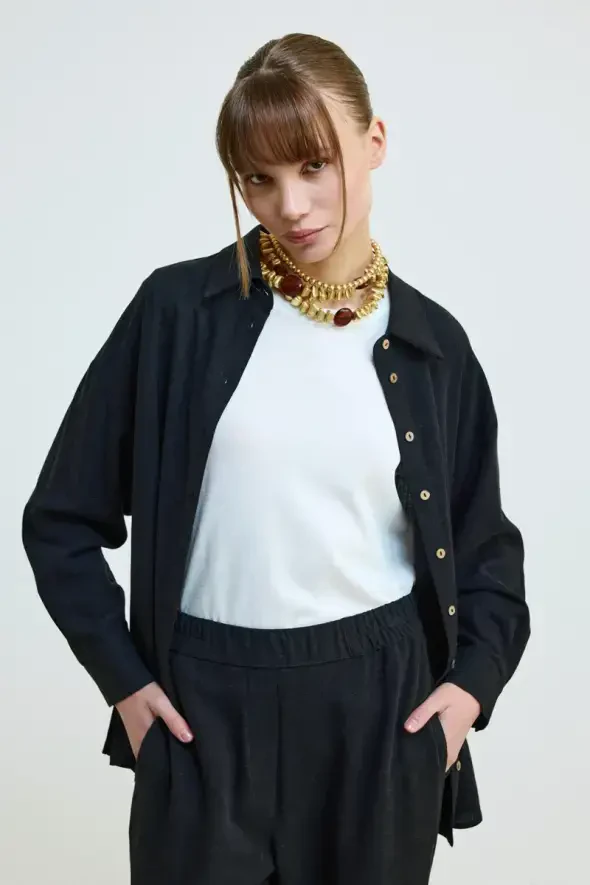 Relaxed Fit Linen Shirt - Black - 3