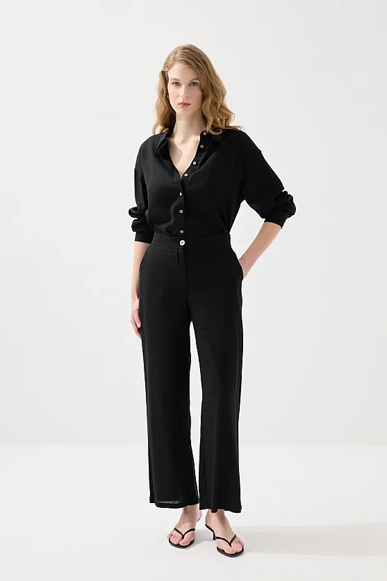 Relaxed Fit Linen Shirt - Black - 2