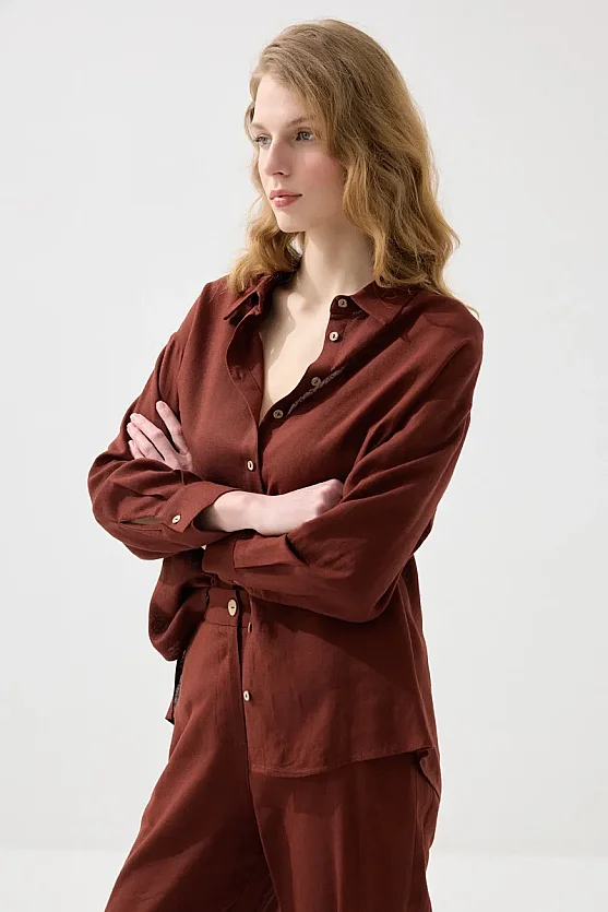 Relaxed Fit Linen Shirt - Brick Red - 4
