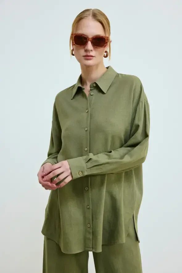 Relaxed Fit Linen Shirt - Khaki - 1